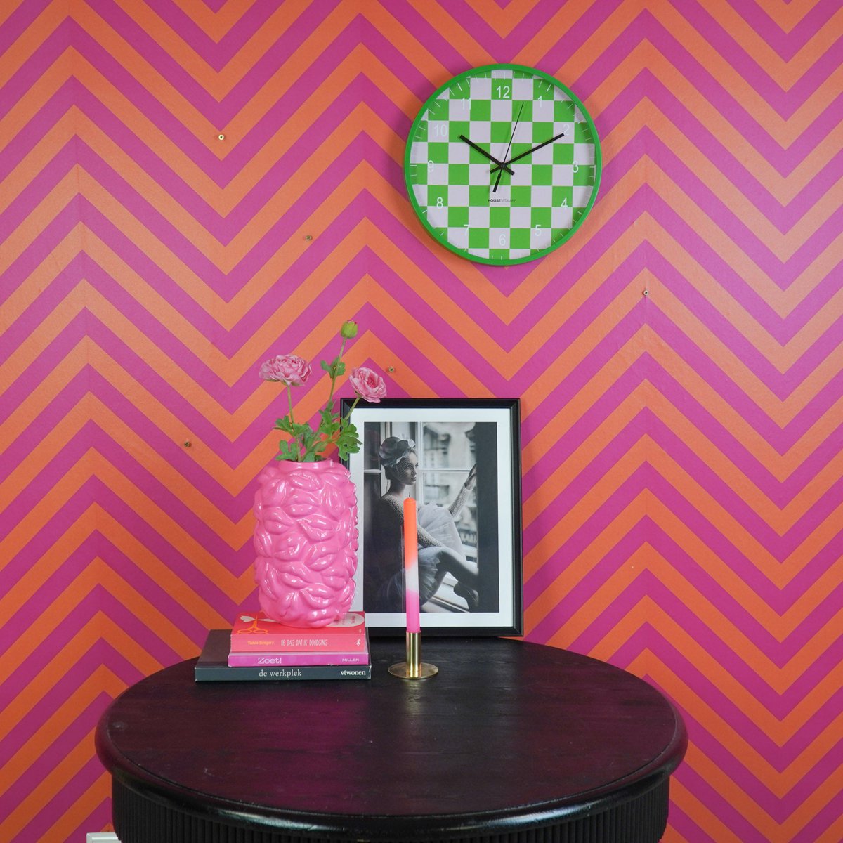 Klok - wandklok - blokpatroon - groen/roze - 34x4x34cm
