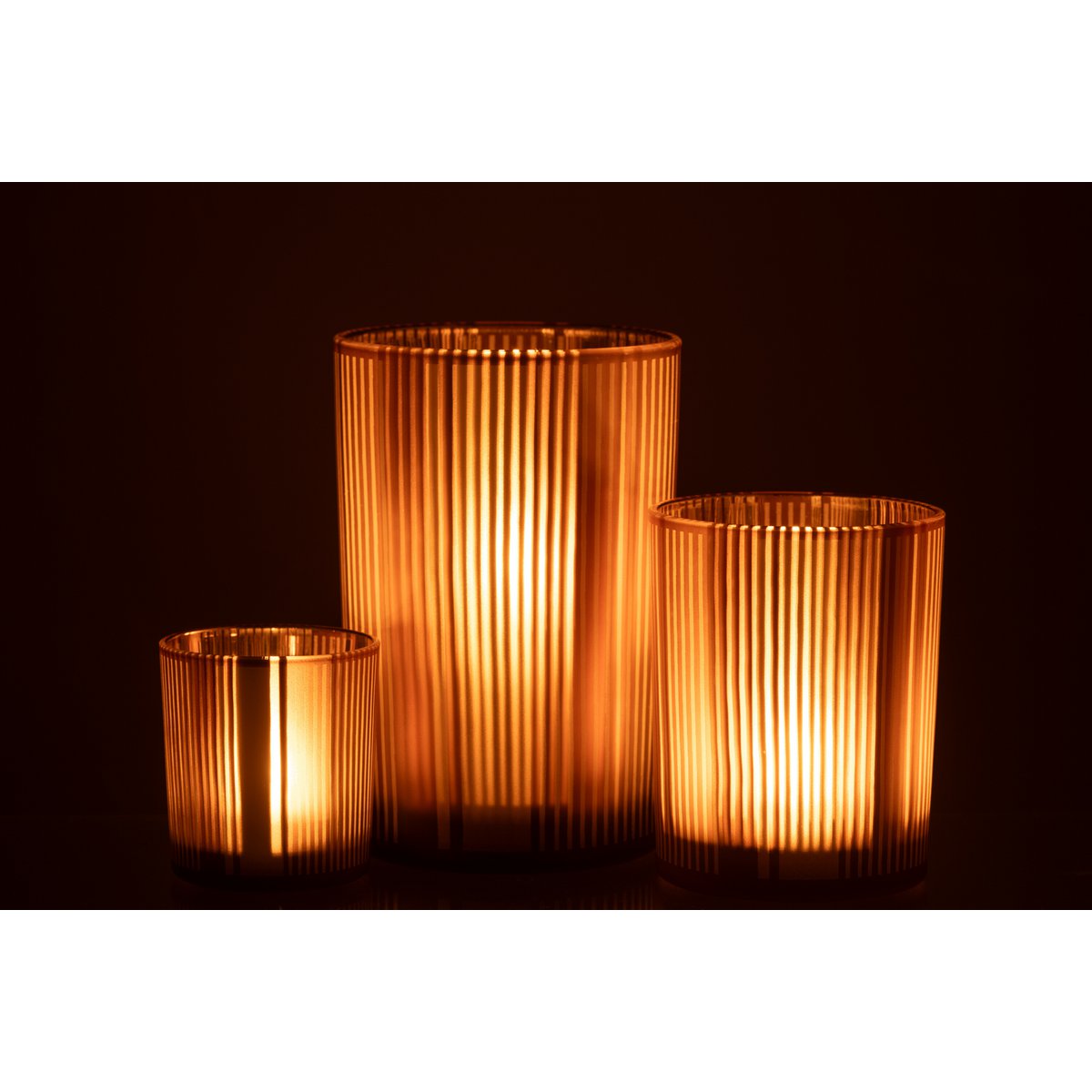 J-Line Windlicht Strepen Glas Mat Bruin/Wit Large