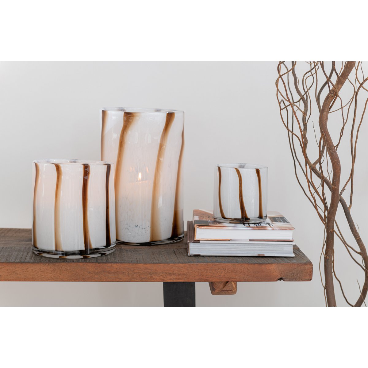 J-Line windlicht Strepen Safari - glas - wit/bruin - medium