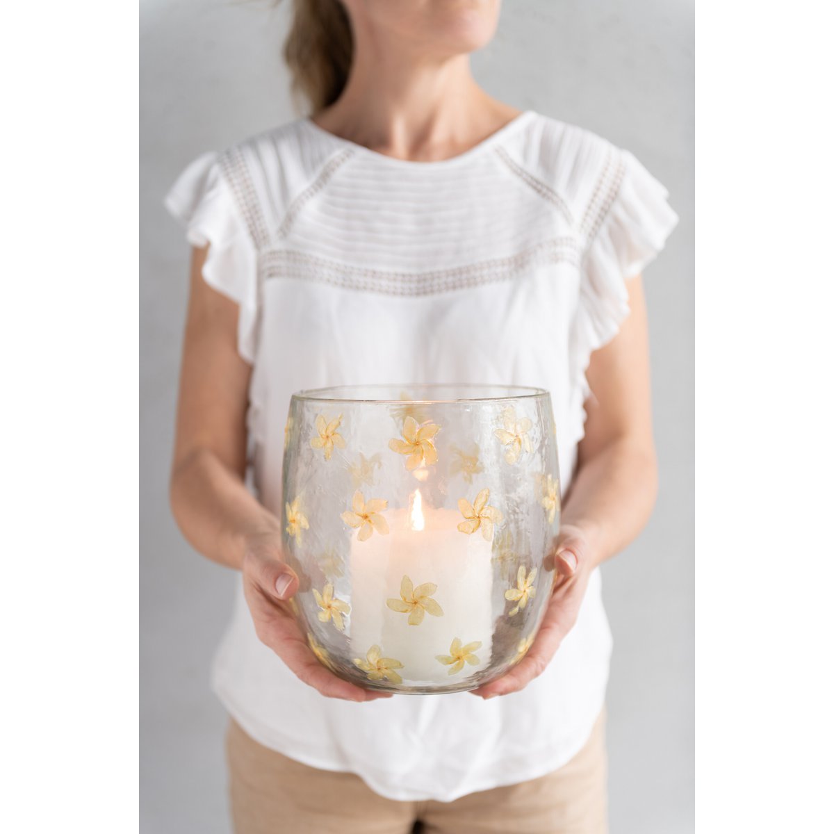 J-Line windlicht Bloemen glas - geel - large
