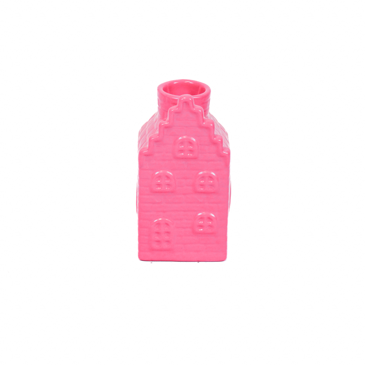 Kaarshouder - Huis - Keramiek - Neon Roze - 6x6x11cm