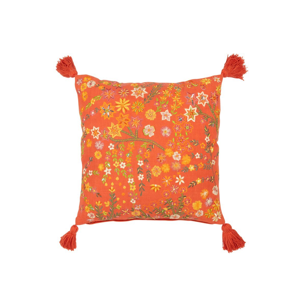 J-Line kussen Vierkant Bloemen + Kwastjes - katoen - oranje