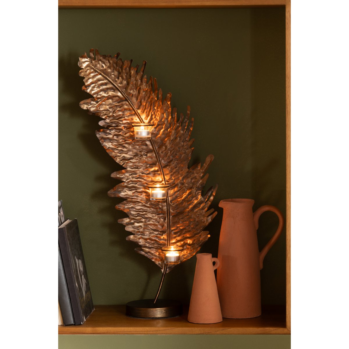 J-Line Theelichthouder Blad Metaal/Glas Bruin