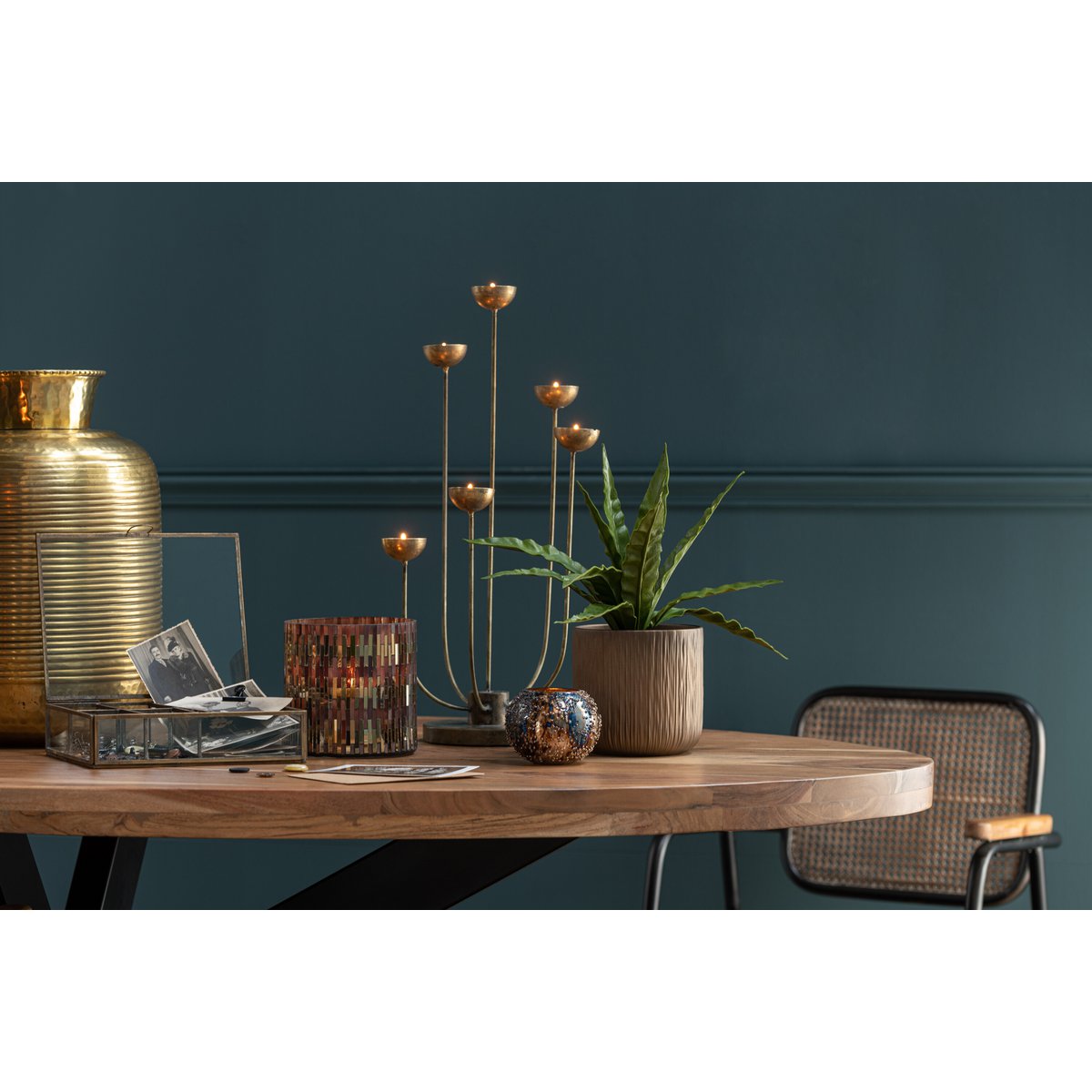 J-Line theelichthouder Lise - glas - bruin/goud - small