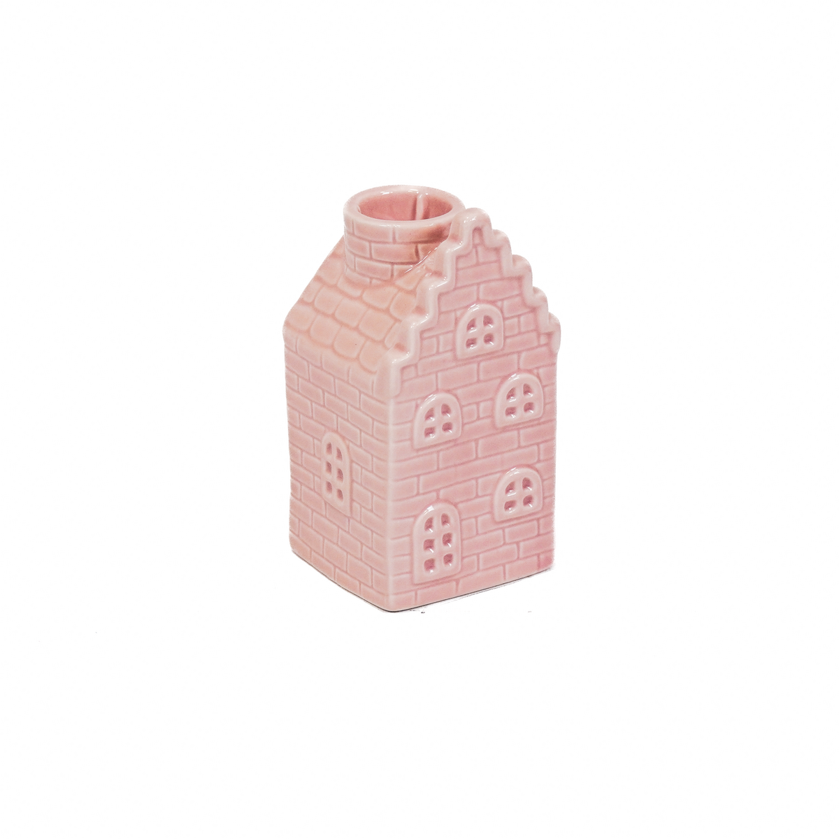 Kaarshouder - Huisje - Keramiek - Lichtroze - 6x6x11cm