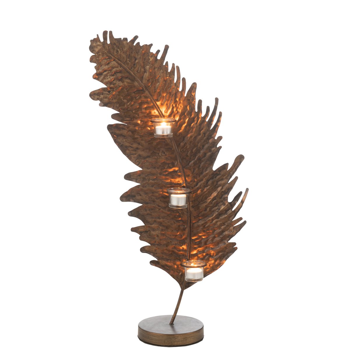 J-Line Theelichthouder Blad Metaal/Glas Bruin