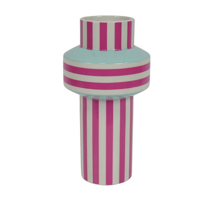 Vaas - Streep - Keramiek - Mintgroen/Neon Roze - 13x13x25cm
