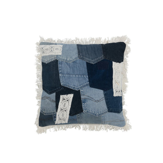 J-Line kussen Lapwerk - denim/katoen - blauw/wit