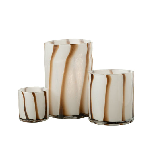 J-Line windlicht Strepen Safari - glas - wit/bruin - groot