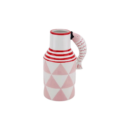 Vaas - kruik vissen - roze/wit/rood - 14x11x21,5 cm
