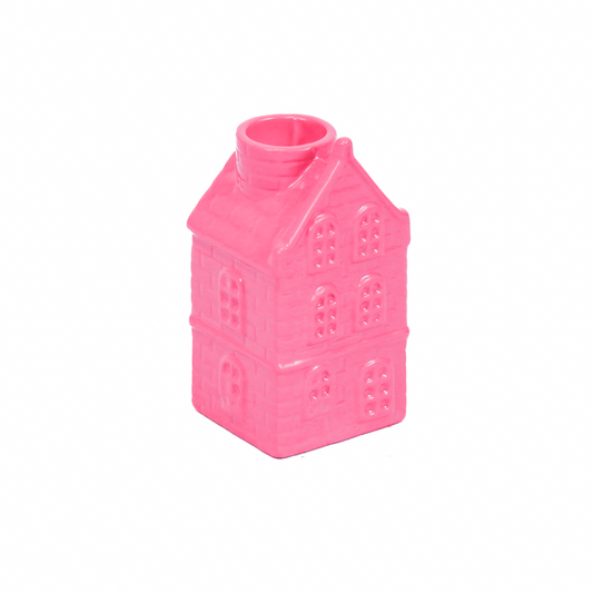 Kaarshouder - Huis - Keramiek - Neon Roze - 6x5,5x11cm