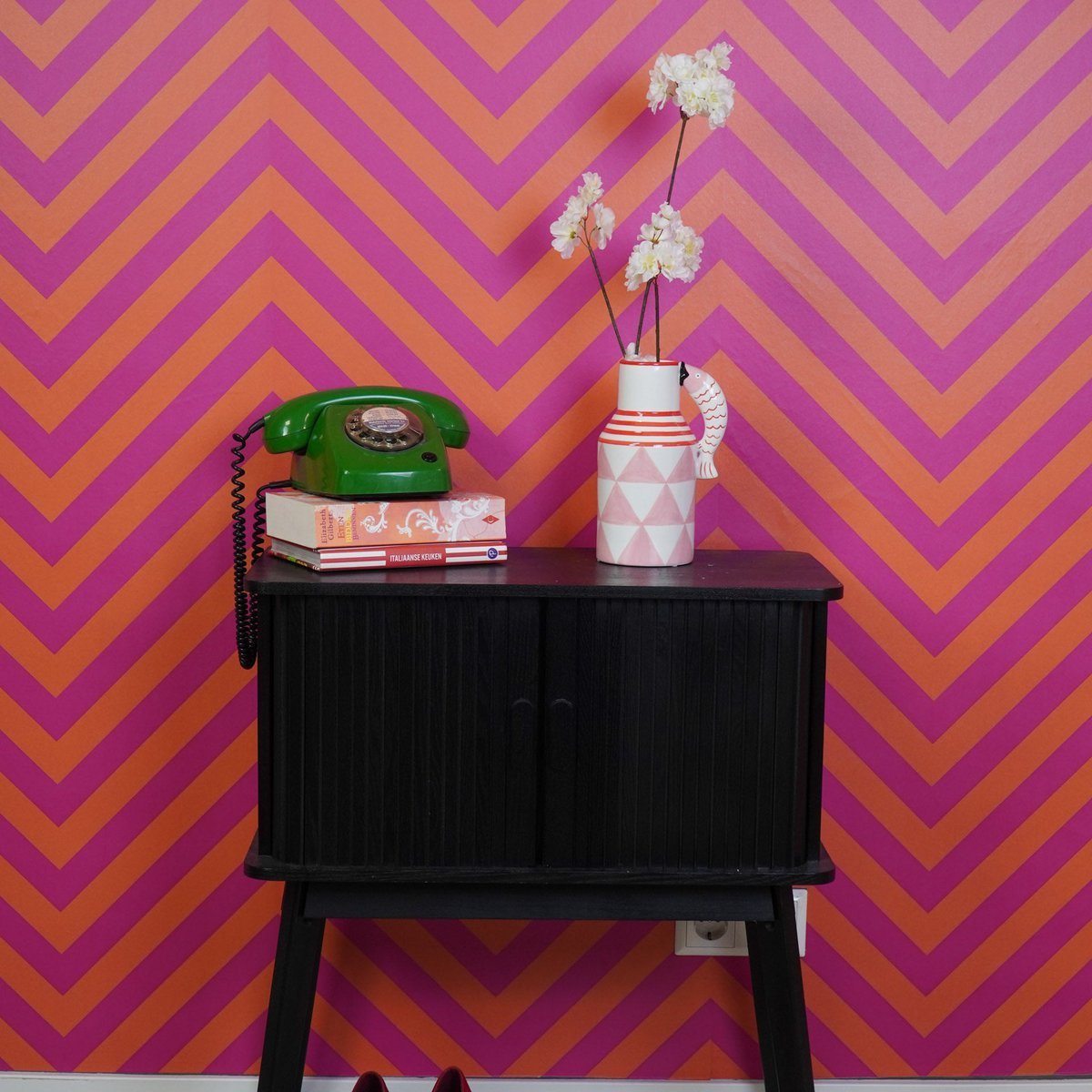 Vaas - kruik vissen - roze/wit/rood - 14x11x21,5 cm